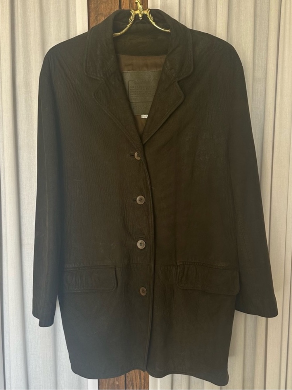 Coach Dark Olive Green Suede Leather Button Coat